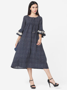 fourleaf striped pure cotton flared kurta for women dark blue