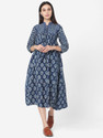 Fourleaf Striped Pure Cotton Flared Kurta for Women (Dark Blue)