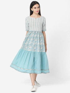 fourleaf striped pure cotton flared kurta for women white blue