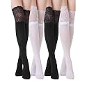 Fourluoo 4 Pairs Knee High Lace Socks