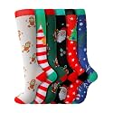 Fourluoo 6 Pairs Christmas Compression Socks Christmas tree Santa Claus snowflake Knee High Socks for Xmas Party Gifts