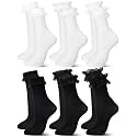 Fourluoo 6 Pairs Women Ruffle Socks Black White Lace Ankle Socks Cute Breathable Thin Cool Frilly Stocking for Girls Women