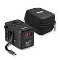 Foxin Rover 70W Universal Travel Adapter 70W GaN Fast Charger, 6 in 1 International Travel Converter, Retractable 90cm Type-C Cable, 2 USB-C, 2 USB-A, 2500W Universal AC Socket, 190+ Countries