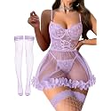 Foxiny Sexy Lingerie Dress 3 PCS Women Nightgown with Thong 3XS-6XL