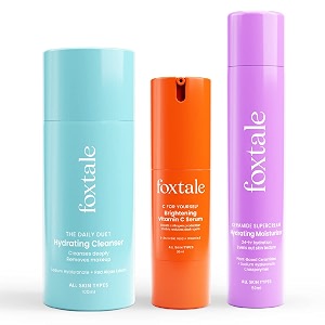 foxtale hydraglow trio skin care kit  cleanser face wash 100ml  ceramide moisturizer 50ml  vitamin c face serum 30ml  suitable for men amp women