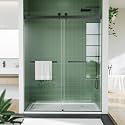 Frameless Double Sliding Shower Door - 56 to 60 Inch Adjustable Width x 74 Inch Height, 1/4" (6mm) Clear Tempered Glass with Easy-Clean, Space-Saving Bypass Design, Matte Black Finish for Bathroom