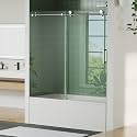 Frameless Sliding Shower Door - 56 to 60 Inch Adjustable Width x 59 Inch Height, 8mm Tempered Glass with Soft Close &amp; Easy-Clean Coating, Stainless Steel Round Rail &amp; 55 Rollers, Brushed Nickel Finish