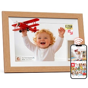 frameo wifi digital photo frame 101 inch natural wood - 1280x800 hd ips touch screen picture frame electronic 32gb memory auto rotate digital pictureframe for sharing photos and videos