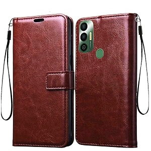 vintage leather finish flip cover for tecno spark 7t7  inside pockets amp inbuilt stand  wallet style back case  magnet closure brown