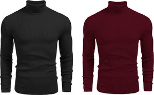 freaks solid high neck casual men black maroon sweater