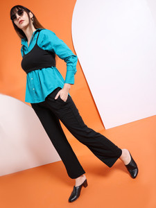 freehand by the indian garage co women solid casual blue shirt