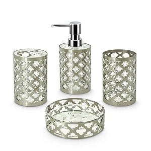 freelance jewel polystyrene bathroom accessories set of 4 silver- liquid handwash soap dispenser brushtoothbrush holder tumbler dish - plastic bathroom set for wash basin - stronger than ceramic