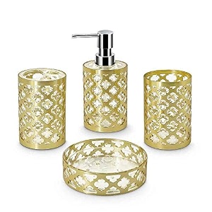 freelance jewel polystyrene bathroom accessories set of 4 silver- liquid handwash soap dispenser brushtoothbrush holder tumbler dish - plastic bathroom set for wash basin - stronger than ceramic