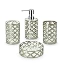 Freelance Jewel Polystyrene Bathroom Accessories Set of 4, Silver- Liquid Handwash Soap Dispenser, Brush/Toothbrush Holder, Tumbler, Dish - Plastic Bathroom Set for Wash Basin - Stronger Than Ceramic