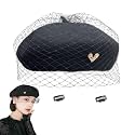 huablo French Berets Hat with Veil Premium Cashmere Beret Elegant Church Wool Hat for Women Solid Artist Hat