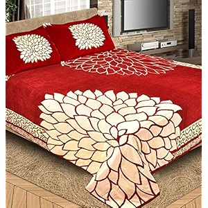 fresh from loom floral bedsheet cum bed spread for double bed king size 500 tc chenille velvet bed cover with 2 pillow cover red size- 90x100 inch