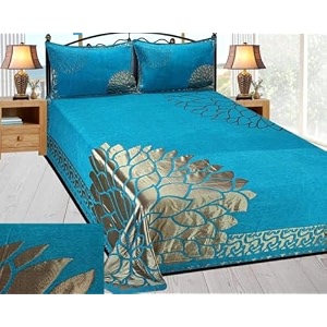 fresh from loom floral chenille velvet 500 tc bedsheet aqua_double bed 1 double bed king size bedsheet with 2 pillow cover size - 90x100 inch