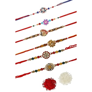 fresh from loom set of 6-piece rakhi for brother with roli chawal  handcrafted-local artisian  men rakshabandan gifts from sister  rakhis for brothers bhabhi kids set of 6 pc