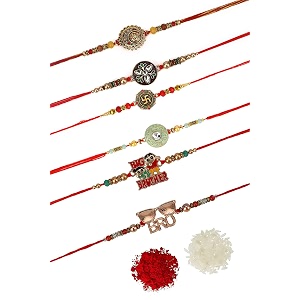 fresh from loom set of 6-piece rakhi for brother with roli chawal  handcrafted-local artisian  men rakshabandan gifts from sister  rakhis for brothers bhabhi kids set of 6 pc