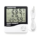FreshDcart HTC-2 Digital Thermometer &amp; Hygrometer | Indoor Outdoor Temperature Humidity Monitor | External Sensor Probe | LCD Screen | Clock | Pack of 1