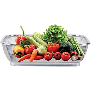 freshome multipurpose square stainless steel collander for washing rice fruits vegetables and grains to filter easily in the kitchen bowl size 20x15 20l x 15w x 5h cm silver