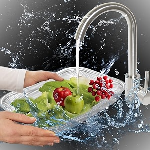 freshome stainless steel perforated colander  heavy-duty strainer for draining pasta vegetables and fruits  durable amp rust-resistant kitchen essential silver40x32 large