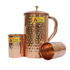 frestol copper hammered jug with 2 glasses