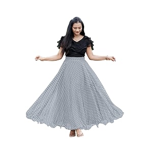 womens lycra top with georgette skirt set  polka dot print  flared long maxi skirt  garba wear stylish full length outfit for women