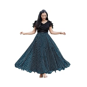 womens lycra top with georgette skirt set  polka dot print  flared long maxi skirt  garba wear stylish full length outfit for women