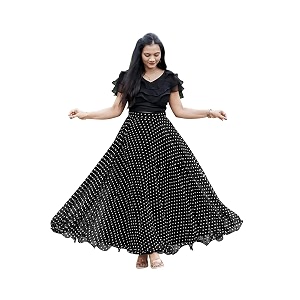 womens lycra top with georgette skirt set  polka dot print  flared long maxi skirt  garba wear stylish full length outfit for women