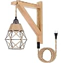 Frideko Plug in Wall Sconce Boho Farmhouse Hanging Wall Lamp with Plug in Cord, Wall Light with Wood Shelf Bracket for Bedroom Living Room Apartment RV Camper(Orange)
