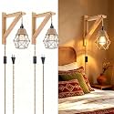 Frideko Plug in Wall Sconce Set of Two,Boho Farmhouse Hanging Wall Lamp with Plug in Cord, Wall Light with Wood Shelf Bracket for Bedroom Living Room Apartment RV Camper(Orange 2pcs)