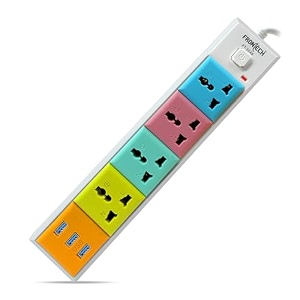 frontech power connector - 3 usb ports  4 universal sockets 5 meter cable 1 soft touch switch fuse protection  led indicator - equal power distribution 3546- multicolor