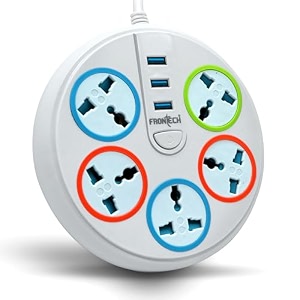 frontech power connector with 3 usb ports  5 universal sockets  secure power distribution with 15 meter cable  220v-230v multi-plug power strip with spike amp surge protection 3545 - multicolor