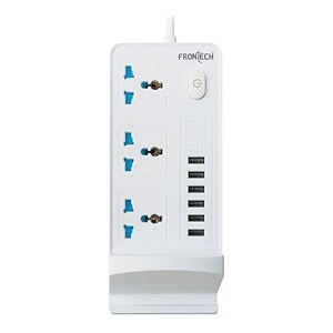 frontech power connector with 6 usb ports  3 universal sockets  led indicators with 15 meter cable  220v-230v multi-plug power strip with spike amp surge protection 3538 - white