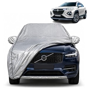 fronx 100 waterproof car cover  dustproof sun protection cover  soft cotton lining  triple stitched  mirror pocket  antenna pocket  all weather body cover silver with yellow piping