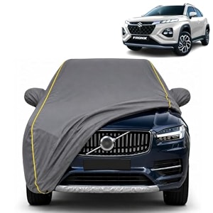 fronx 100 waterproof car cover  dustproof sun protection cover  soft cotton lining  triple stitched  mirror pocket  antenna pocket  all weather body cover grey with yellow piping