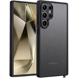frosty case for samsung galaxy s24 ultra 5g  shockproof armor anti-scratch hard pc back soft tpu bumper camera lens protection wireless charging compatible  translucent matte back black