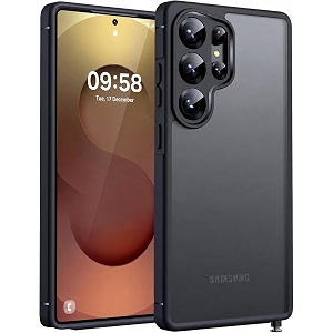 frosty case for samsung galaxy s26 ultra 5g  shockproof armor anti-scratch hard pc back soft tpu bumper camera lens protection wireless charging compatible  translucent matte back black