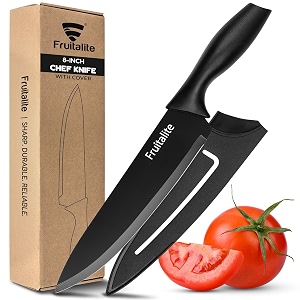 fruitalite 8-inch chef knife with blade cover- premium razor-sharp stainless steel multi-purpose kitchen knife  non-stick coating  non-slip ergonomic handles home use for chopping amp cutting