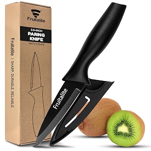 fruitalite paring knife with blade cover- premium razor-sharp stainless steel multi-purpose kitchen knife non-stick coating  non-slip ergonomic handle home use chopping amp cutting- black
