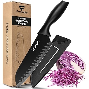 fruitalite santoku knife with blade cover- premium razor-sharp stainless steel multi-purpose kitchen knife non-stick coating  non-slip ergonomic handle home use for chopping slicing amp cutting-black