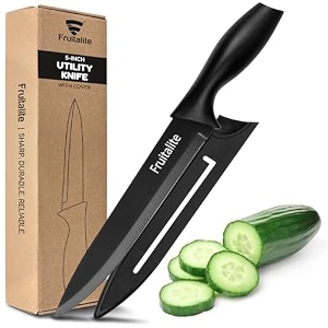 fruitalite utility vegetable knife with blade cover- premium razor-sharp stainless steel multi-purpose kitchen knife non-stick coating  non-slip ergonomic handle home use chopping amp cutting-black