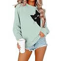 FRYAID Cat Sweatshirt Women Funny Black Cat Graphic Sweater Casual Cat Crewneck Holiday Long Sleeve Hoodie Pullover Top