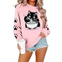 FRYAID Cat Sweatshirt Women Funny Black Cat Graphic Sweater Casual Cat Crewneck Holiday Long Sleeve Hoodie Pullover Top
