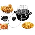 Fryer Deep Fat Frying Basket Pot (22 cm) with Glass Lid-Manual Deep Fryer, Steamer and Cooker French Fries Pot Non Stick Fry Stir Fry Pan with Lid