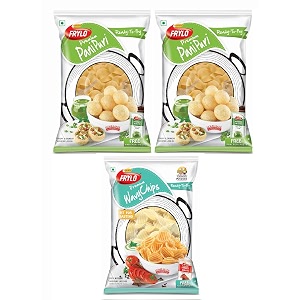 frylo ready-to-fry combo 775gm frylo multigrain panipuri pack of 2 with paste 550gm and premium wavy chips 225gm with testmaker
