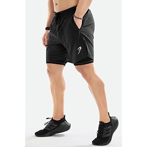 fuaark double layer 2 in 1 sports shorts with inner tights for men gym tight short with pocket