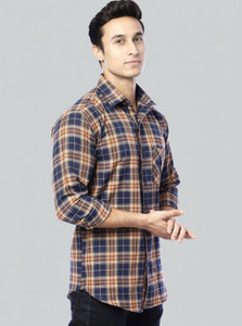fubar men checkered casual dark blue shirt