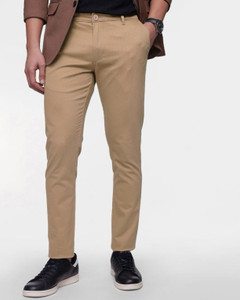 fubar men slim fit brown cotton blend trousers